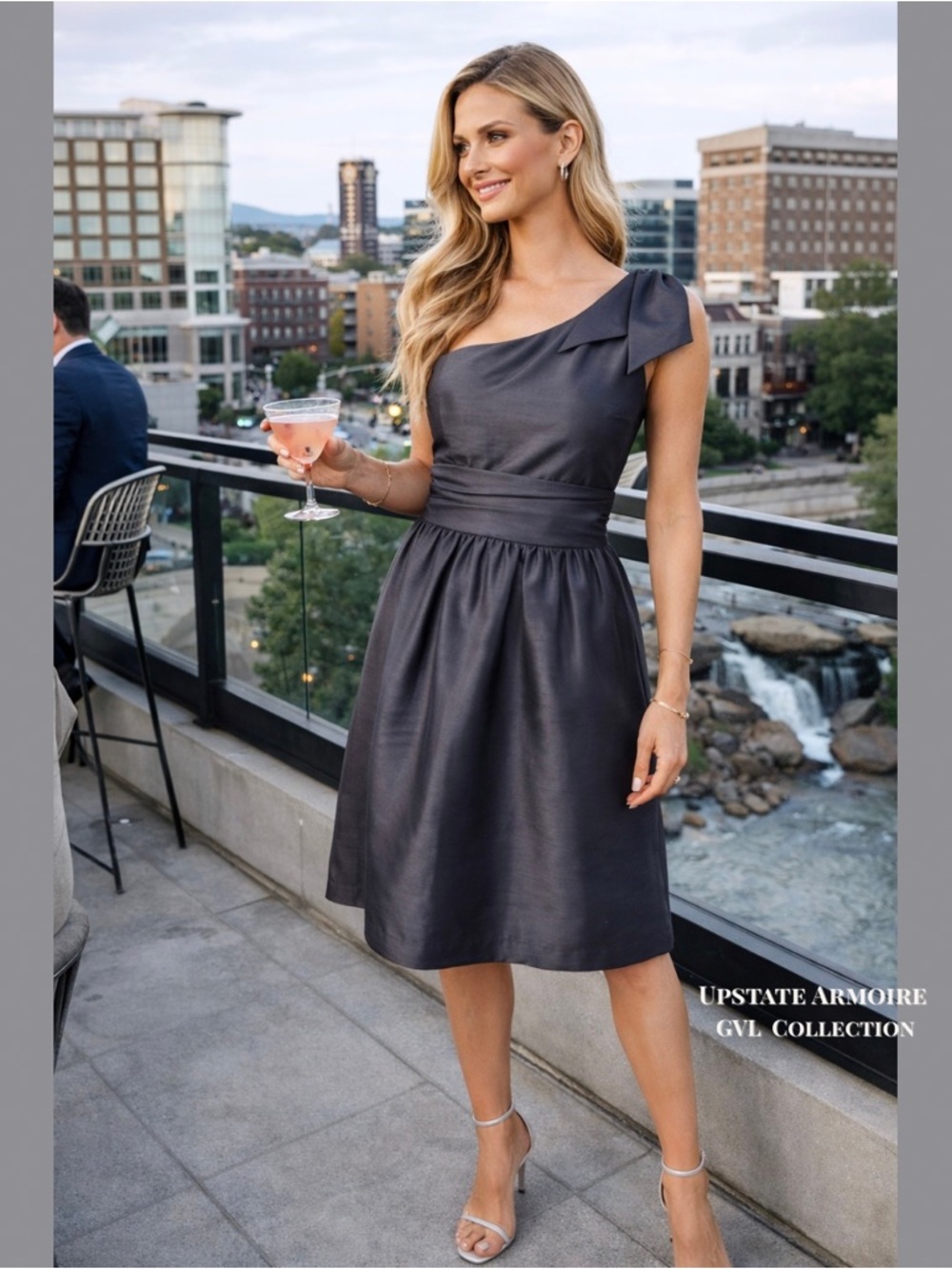 Jenny Yoo Charcoal One Shoulder Cocktail Dress A-Line Wedding Guest Size  8 - Picture 4 of 13
